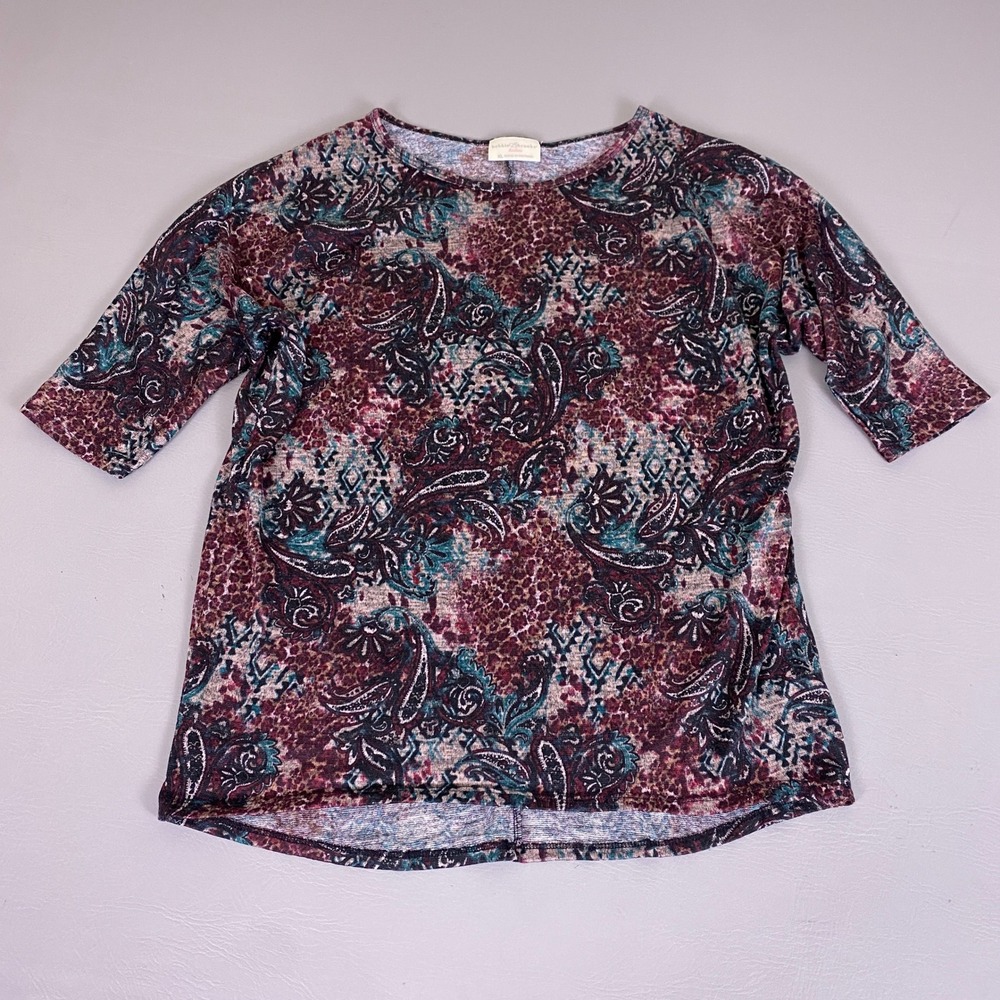 Bobbie Brooks Tunic Women's XL Paisley Print 3/4 Sleeve Knit Top Burgundy Teal